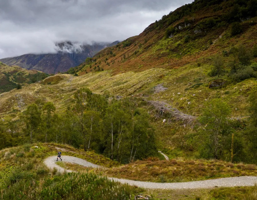 Participant running on winding track, surrounded by greenery